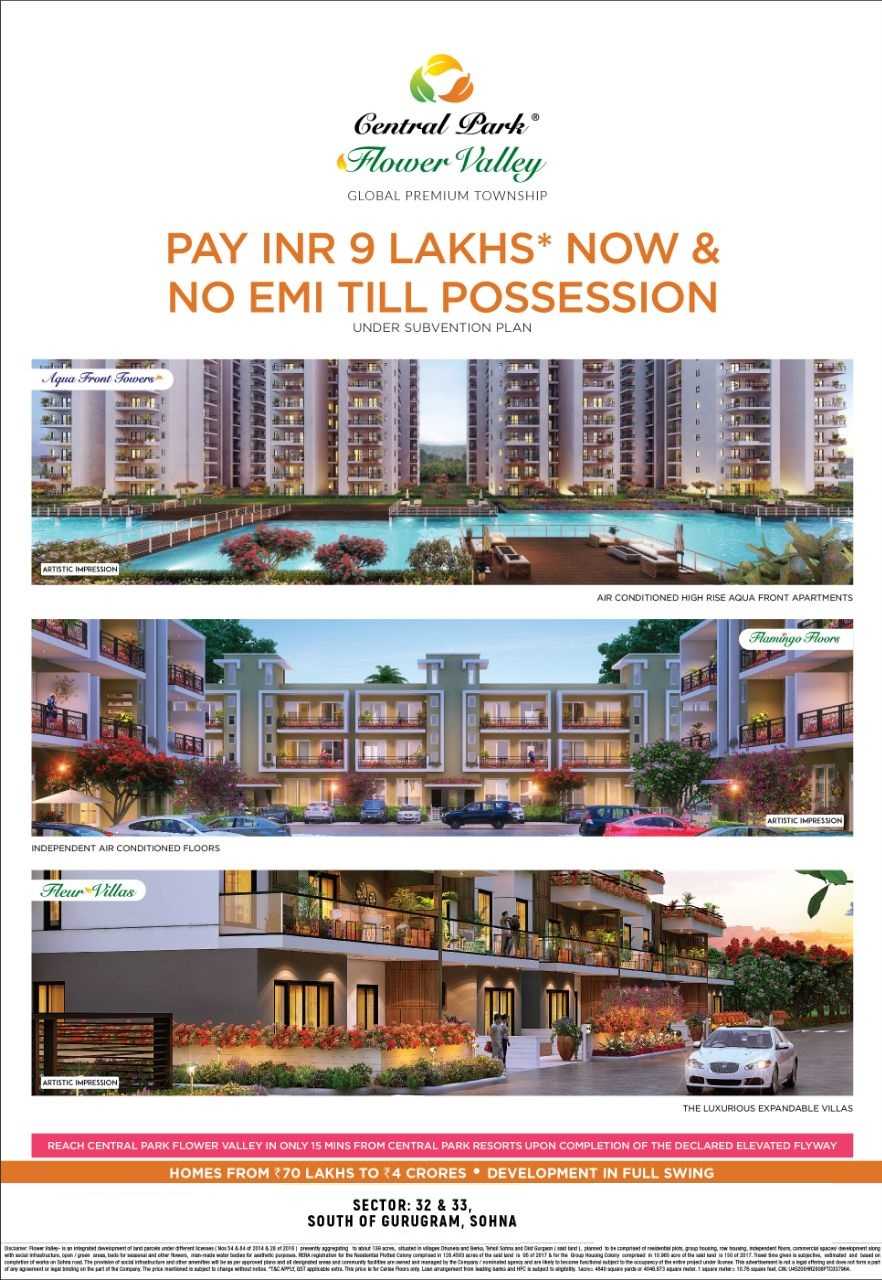 Pay INR 9 Lakhs now and no EMI till possession at Central Park Flower Valley in Sohna